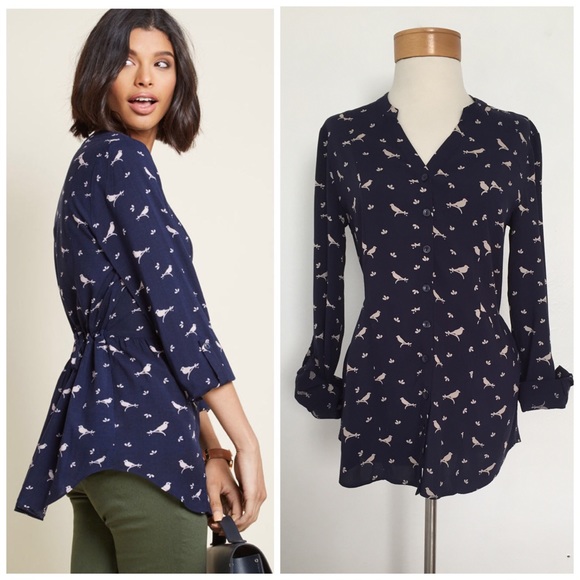 Modcloth Tops - ModCloth Trusty Travel Button-Up Top in Navy Birds